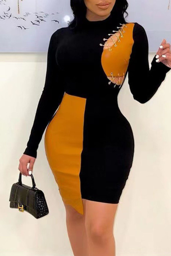 Yellow Sexy Solid Hollowed Out Patchwork Frenulum Asymmetrical O Neck One Step Skirt Dresses