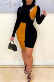 Coffee Sexy Solid Hollowed Out Patchwork Frenulum Asymmetrical O Neck One Step Skirt Dresses