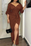 Caramel Colour Sexy Solid Patchwork Slit V Neck Evening Dress Dresses