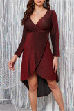 Grey Fashion Sexy Solid Patchwork Bright Silk V Neck Long Sleeve Dresses