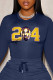 Navy Blue Street Sportswear Print Patchwork O Neck Tops
