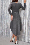 Grey Fashion Sexy Solid Patchwork Bright Silk V Neck Long Sleeve Dresses