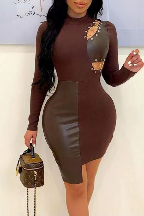Coffee Sexy Solid Hollowed Out Patchwork Frenulum Asymmetrical O Neck One Step Skirt Dresses