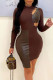 Coffee Sexy Solid Hollowed Out Patchwork Frenulum Asymmetrical O Neck One Step Skirt Dresses