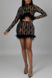 Black Fashion Patchwork Hollowed Out Sequins Turtleneck Long Sleeve Two Pieces