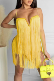 Pink Sexy Solid Tassel Spaghetti Strap Irregular Dress Dresses