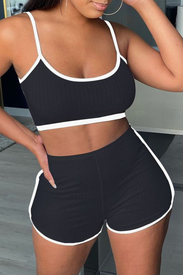 Black Sportswear Solid Patchwork U Neck Sleeveless Two Pieces