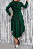 Grey Fashion Sexy Solid Patchwork Bright Silk V Neck Long Sleeve Dresses