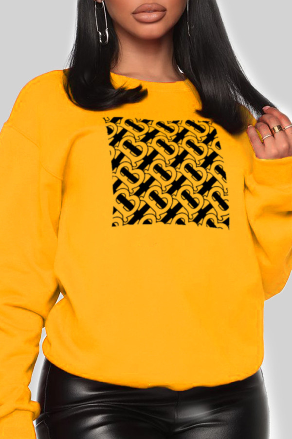 Yellow Casual Street Print Patchwork O Neck Tops