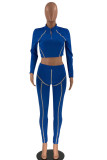 Blue Sexy Casual Striped Print Patchwork Zipper Collar Long Sleeve Two Pieces