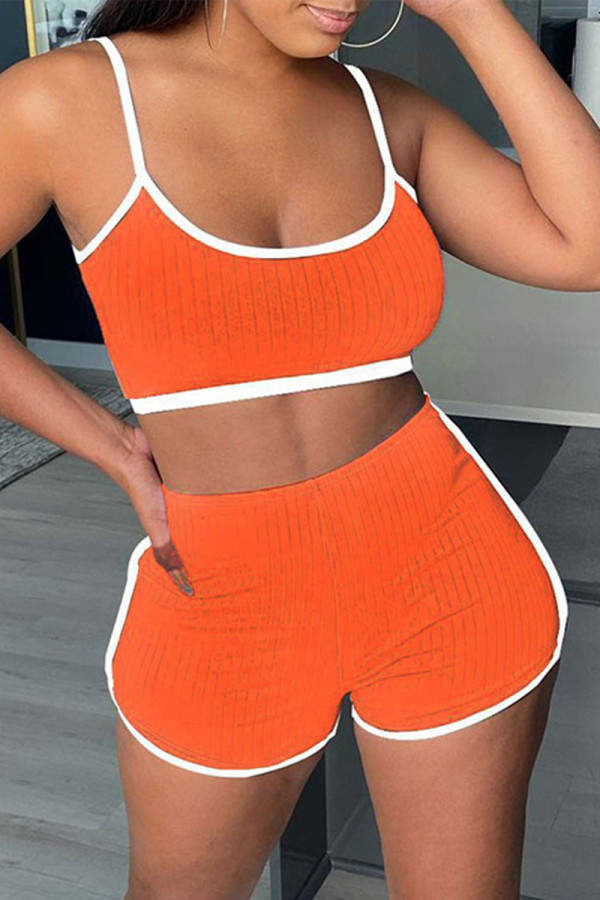 Tangerine Red Sportswear Solid Patchwork U Neck Sleeveless Two Pieces