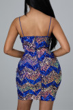 Blue Fashion Sexy Patchwork Sequins Backless V Neck Sling Dress Dresses