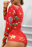 Red Fashion Living Print Basic V Neck Long Sleeve Skinny Romper