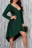 Grey Fashion Sexy Solid Patchwork Bright Silk V Neck Long Sleeve Dresses