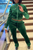 Green Casual Solid Patchwork Pocket Zipper Zipper Collar Long Sleeve Two Pieces