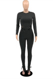 Grey Fashion Casual Solid Bandage Draw String O Neck Long Sleeve Two Pieces