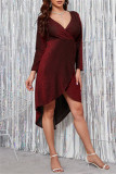Grey Fashion Sexy Solid Patchwork Bright Silk V Neck Long Sleeve Dresses