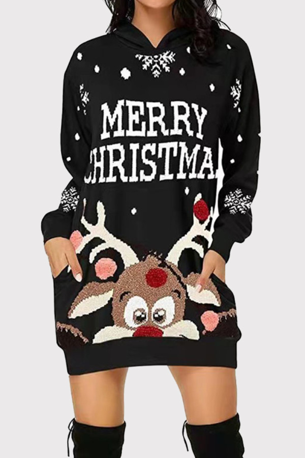 Black Fashion Casual Print Basic Hooded Collar Long Sleeve Dresses