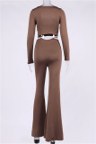 Brown Fashion Sexy Solid Hollowed Out O Neck Long Sleeve Two Pieces