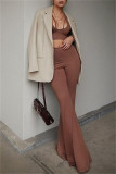 Brown Fashion Sexy Solid Hollowed Out O Neck Long Sleeve Two Pieces