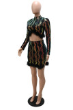Black Fashion Patchwork Hollowed Out Sequins Turtleneck Long Sleeve Two Pieces