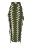 Green Fashion Casual Striped Print Tassel Patchwork Straight High Waist Straight Full Print Bottoms