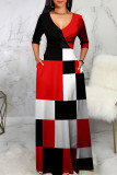 Red Black Casual Elegant Color Lump Print Bandage Patchwork V Neck Straight Dresses