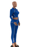 Blue Sexy Casual Striped Print Patchwork Zipper Collar Long Sleeve Two Pieces