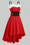Red Sexy Casual Patchwork Bandage Backless Spaghetti Strap Irregular Dress