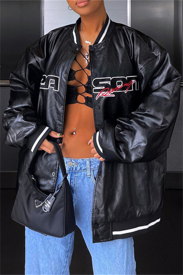 Black Fashion Casual Letter Embroidery Patchwork O Neck Outerwear