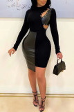 Coffee Sexy Solid Hollowed Out Patchwork Frenulum Asymmetrical O Neck One Step Skirt Dresses