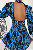 Blue Sexy Print Patchwork Half A Turtleneck A Line Dresses