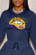Navy Blue Casual Street Print Patchwork O Neck Tops