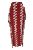Red Fashion Casual Striped Print Tassel Patchwork Straight High Waist Straight Full Print Bottoms