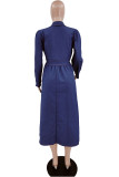 Blue Fashion Casual Solid Patchwork Turndown Collar Long Sleeve Dresses