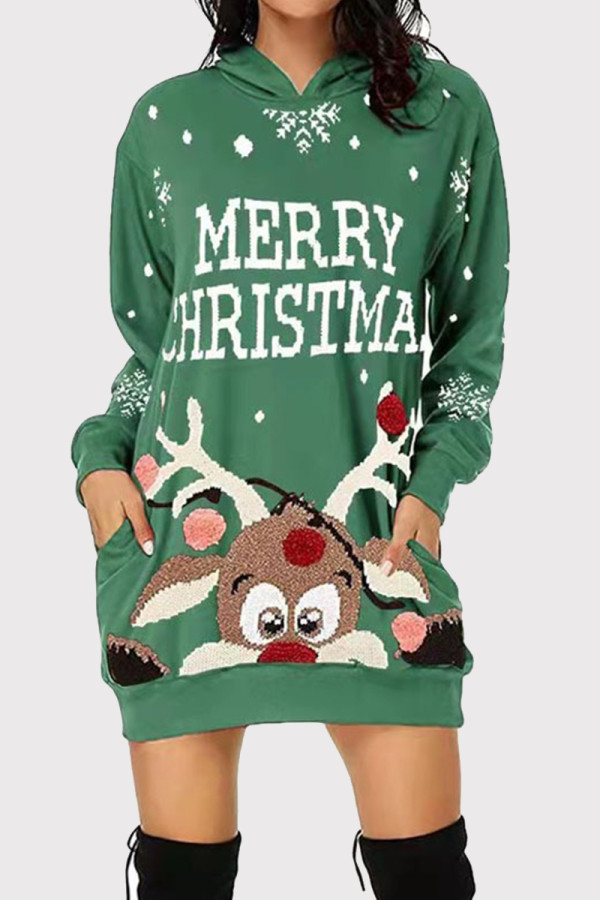 Green Fashion Casual Print Basic Hooded Collar Long Sleeve Dresses
