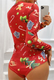 Red Fashion Living Print Basic V Neck Long Sleeve Skinny Romper