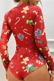 Red Fashion Living Print Basic V Neck Long Sleeve Skinny Romper