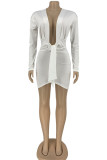 Apricot Fashion Sexy Solid Bandage V Neck Long Sleeve Dresses