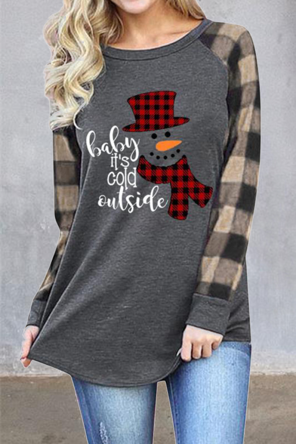 Khaki Casual Print Patchwork O Neck Tops
