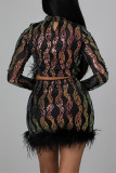 Black Fashion Patchwork Hollowed Out Sequins Turtleneck Long Sleeve Two Pieces