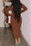 Brown Sexy Solid Split Joint V Neck One Step Skirt Dresses