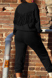 Red Casual Solid Tassel Patchwork O Neck Long Sleeve Two Pieces