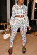 White Casual Print Patchwork Hooded Collar Long Sleeve Two Pieces