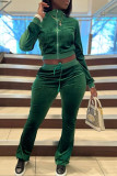 Green Casual Solid Patchwork Pocket Zipper Zipper Collar Long Sleeve Two Pieces