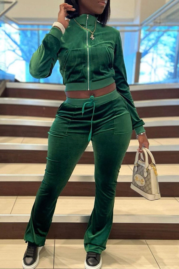 Green Casual Solid Patchwork Pocket Zipper Zipper Collar Long Sleeve Two Pieces