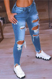 Baby Blue Fashion Casual Solid Ripped Low Waist Regular Jeans