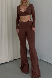 Brown Fashion Sexy Solid Hollowed Out O Neck Long Sleeve Two Pieces