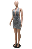 Grey Fashion Sexy Patchwork Sequins Backless Halter Sleeveless Dress