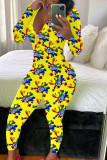blue and yellow Fashion Adult Living Print V Neck Skinny Jumpsuits